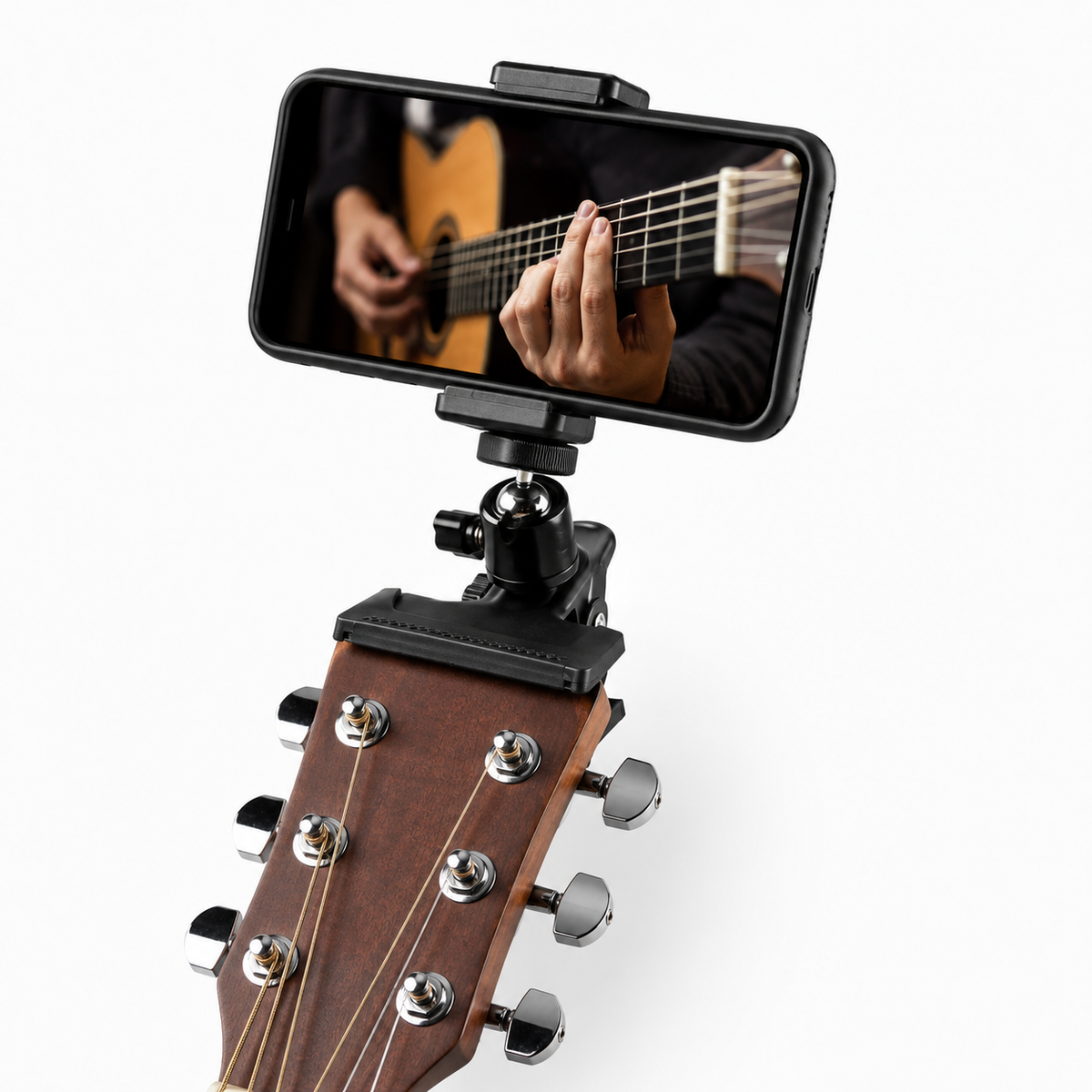 FretView phone mount installed on guitar with smartphone